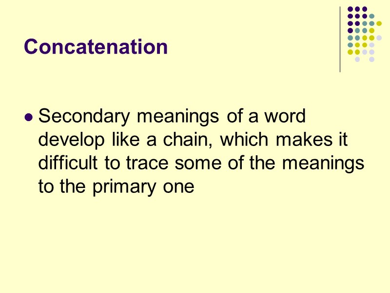 Concatenation  Secondary meanings of a word develop like a chain, which makes it